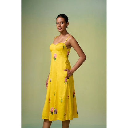 Dressfolk Yellow Chanderi Floral Print Midi Dress