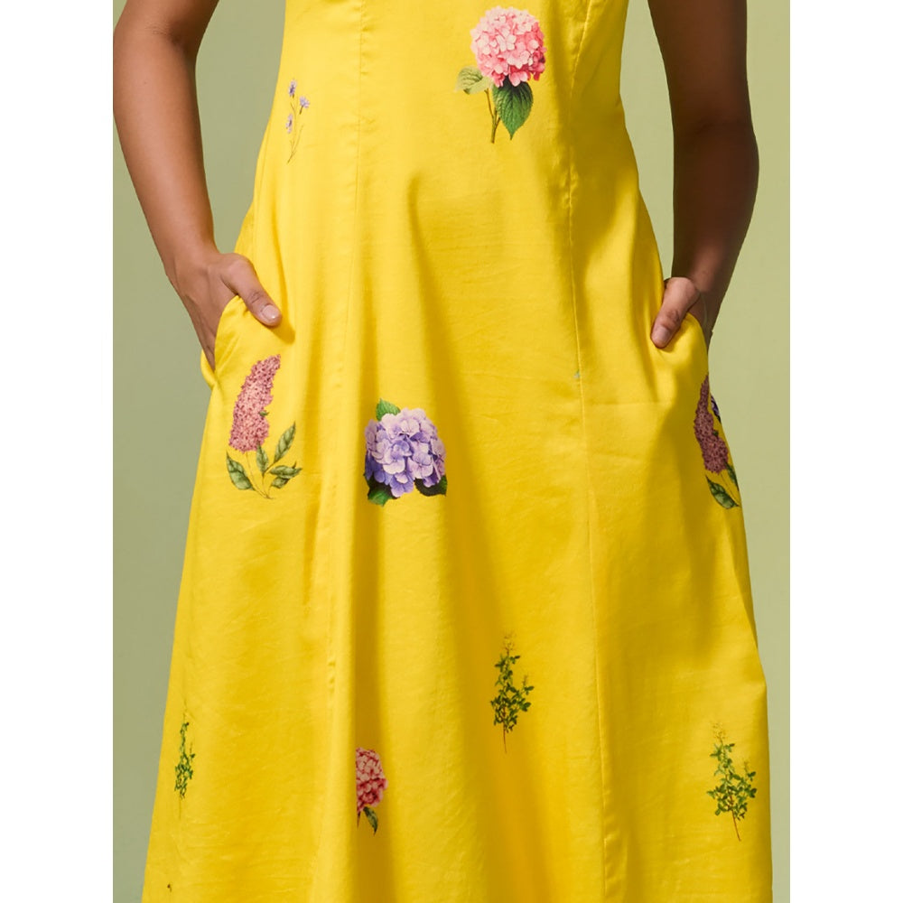 Dressfolk Yellow Chanderi Floral Print Midi Dress