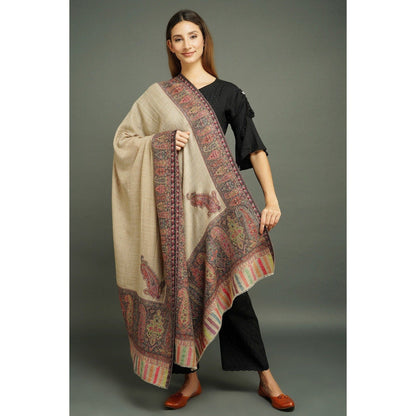 Dusala India Pashmina Wool Beige In Antique Jamawar Border with Paisley Work Shawl
