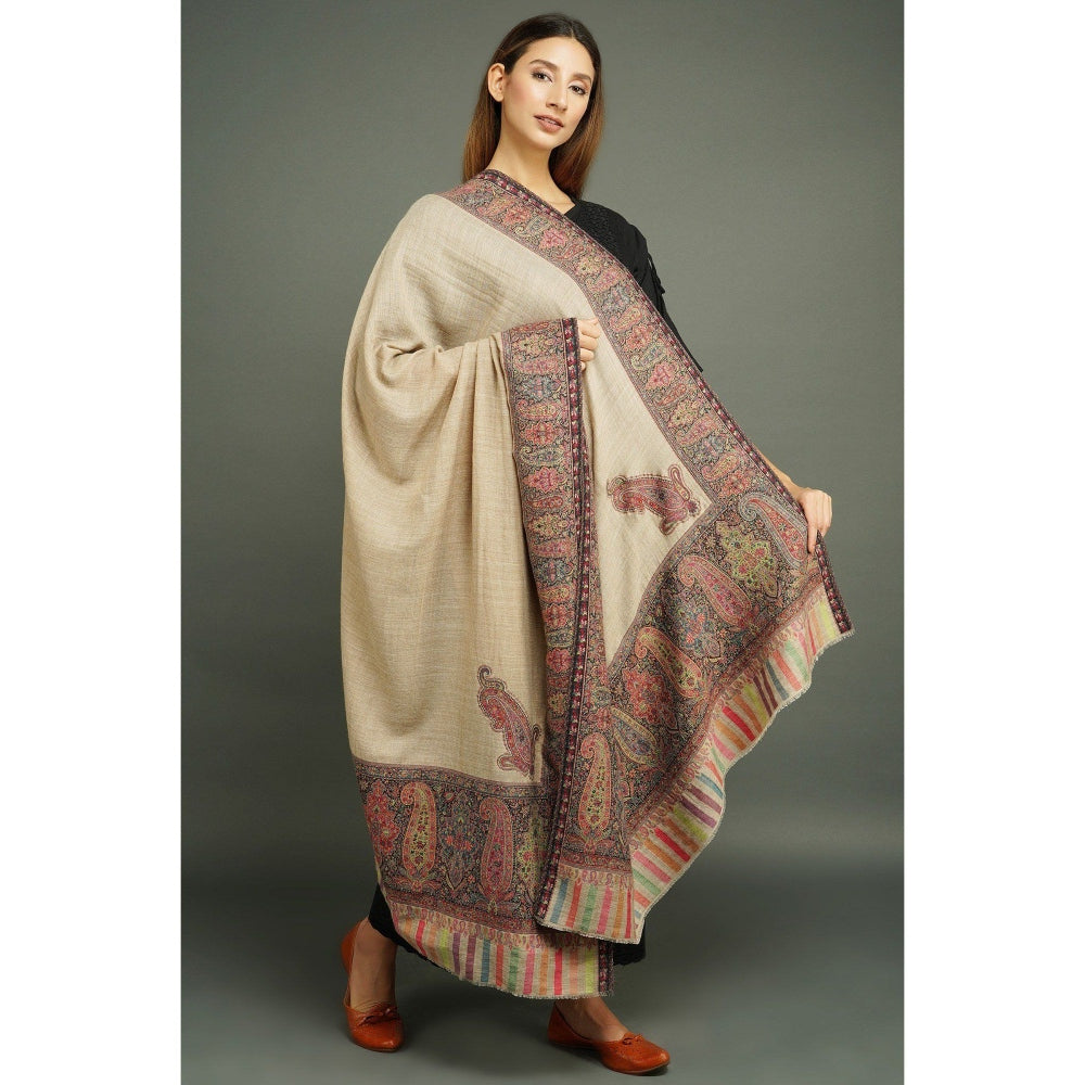 Dusala India Pashmina Wool Beige In Antique Jamawar Border with Paisley Work Shawl