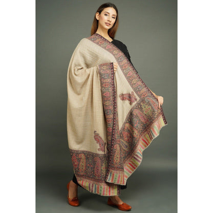 Dusala India Pashmina Wool Beige In Antique Jamawar Border with Paisley Work Shawl