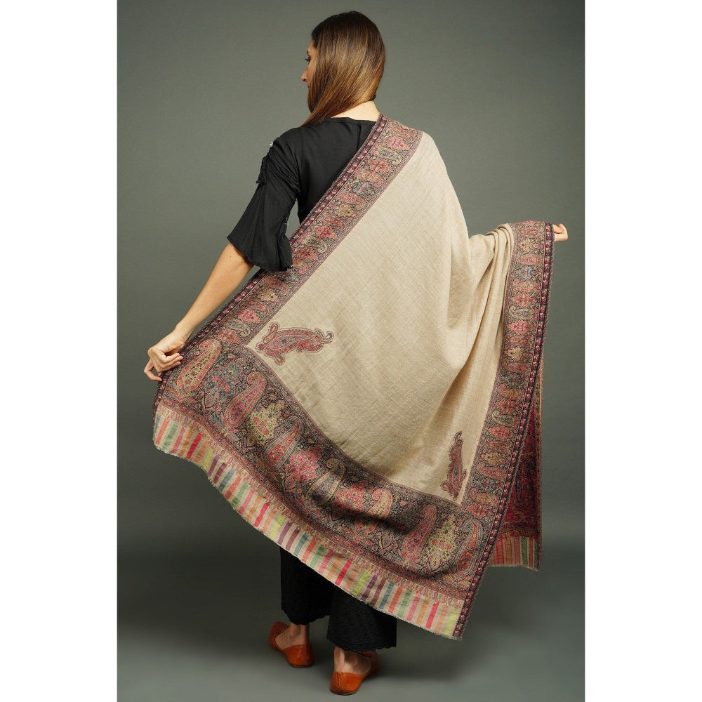 Dusala India Pashmina Wool Beige In Antique Jamawar Border with Paisley Work Shawl