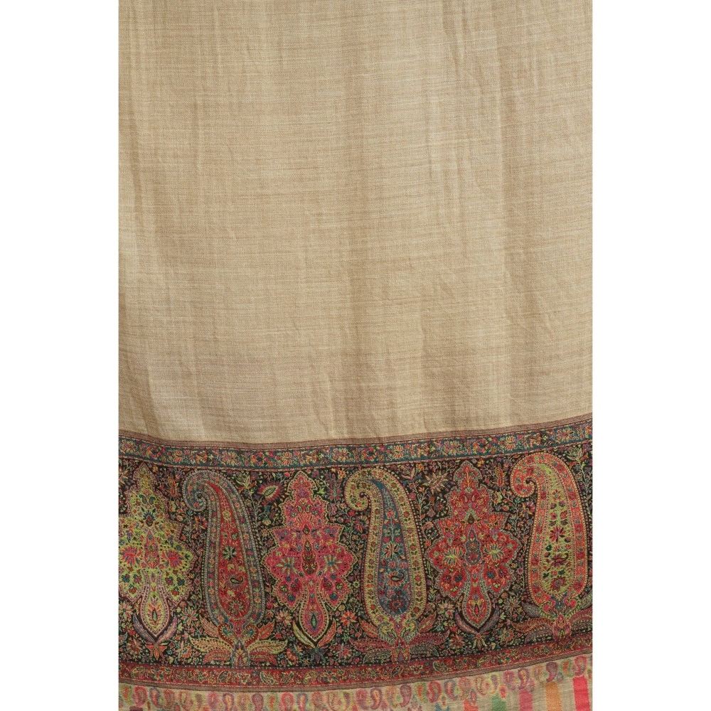 Dusala India Pashmina Wool Beige In Antique Jamawar Border with Paisley Work Shawl
