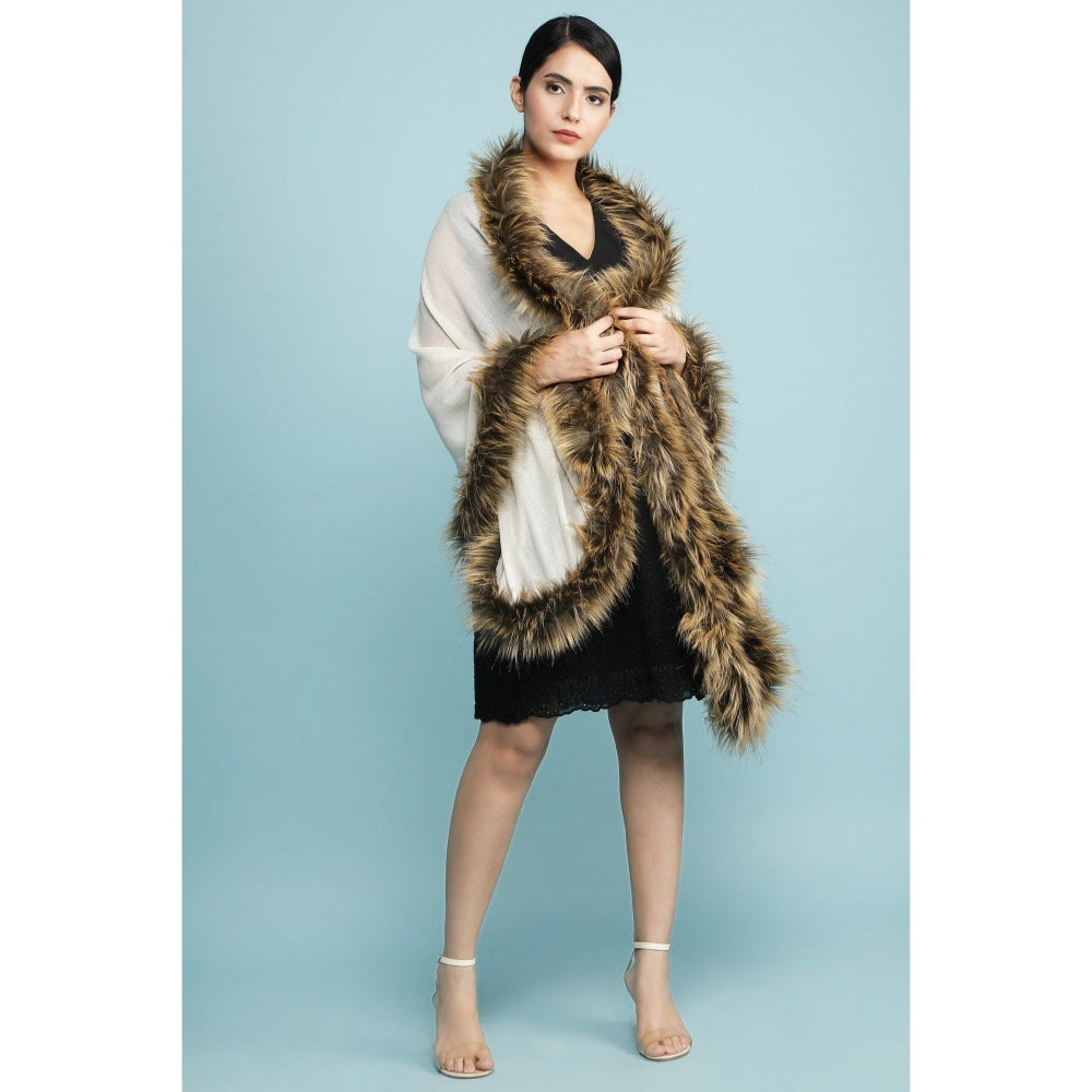 Dusala India Pashmina Off White Solid Fur Border Stole