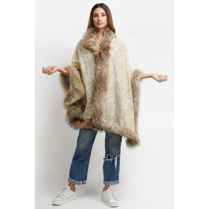 Dusala India Pashmina Beige Embroidered Fur Border Stole