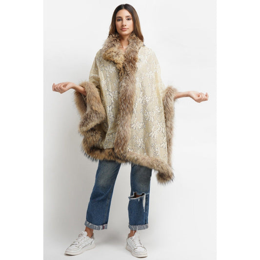 Dusala India Pashmina Beige Embroidered Fur Border Stole