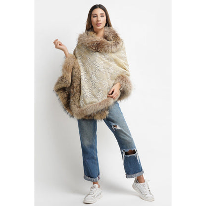 Dusala India Pashmina Beige Embroidered Fur Border Stole