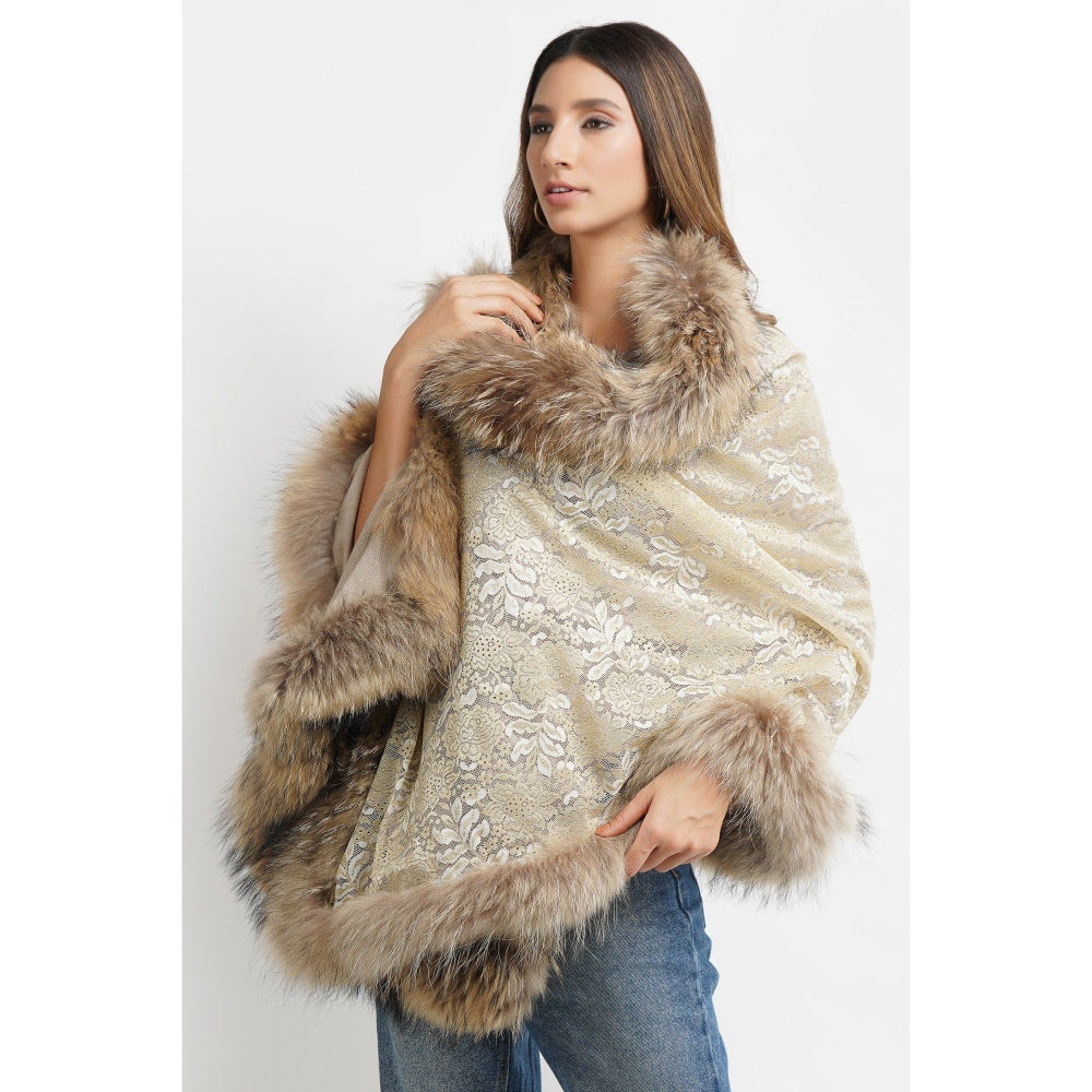 Dusala India Pashmina Beige Embroidered Fur Border Stole