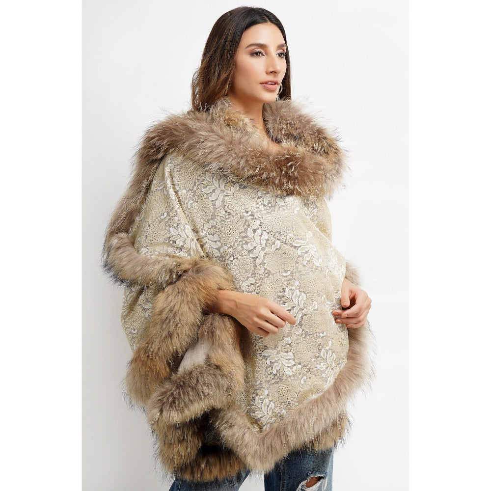 Dusala India Pashmina Beige Embroidered Fur Border Stole