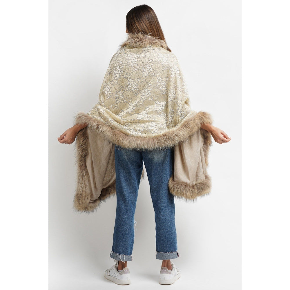 Dusala India Pashmina Beige Embroidered Fur Border Stole