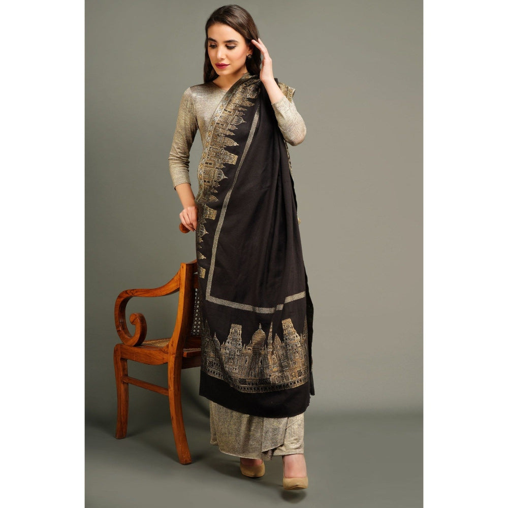 Dusala India Pashmina Black Resham Aari Thread Work Shawl