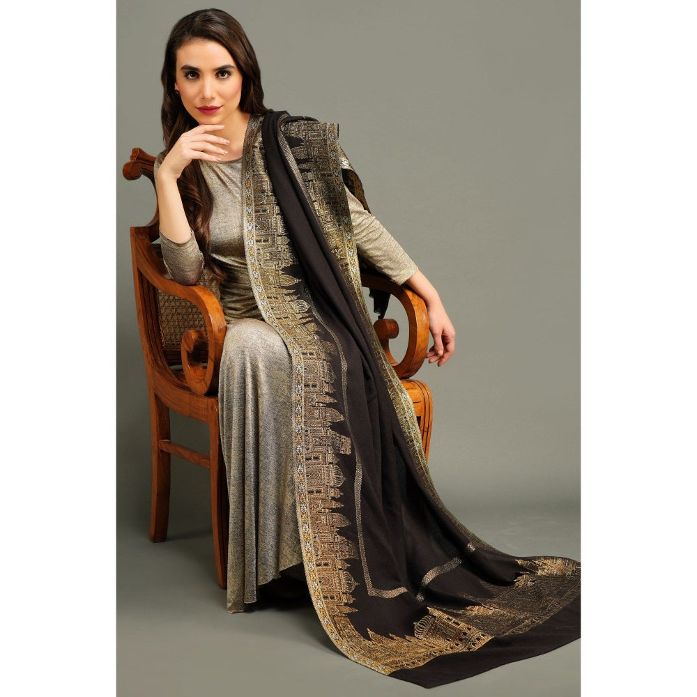Dusala India Pashmina Black Resham Aari Thread Work Shawl