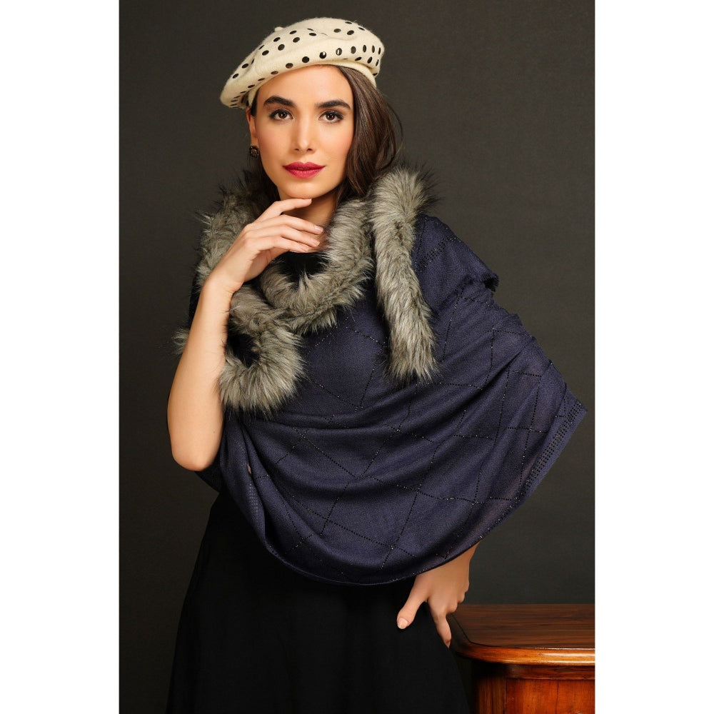 Dusala India Fur Collar with Stone Work Pashmina Navy Blue Stole