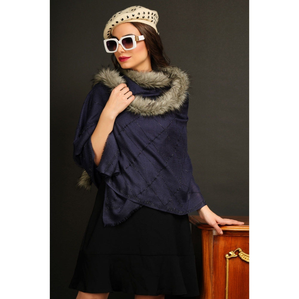 Dusala India Fur Collar with Stone Work Pashmina Navy Blue Stole