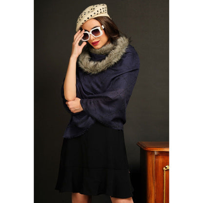 Dusala India Fur Collar with Stone Work Pashmina Navy Blue Stole