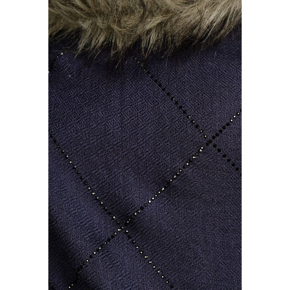 Dusala India Fur Collar with Stone Work Pashmina Navy Blue Stole