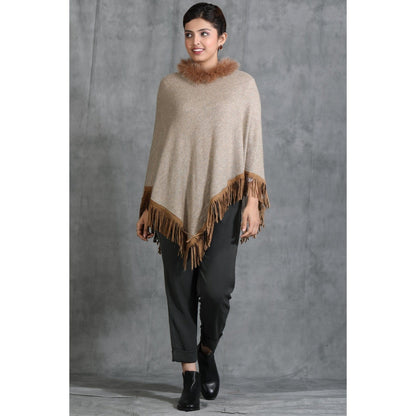 Dusala India Handwoven Cashmere Fine Wool Poncho With Hight Quality Fur