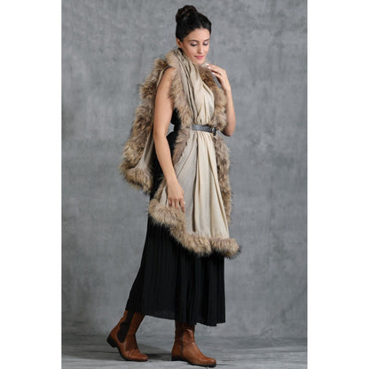 Dusala India Handwoven Cashmere Fine Wool Plain Stole With Hight Quality Ombre Fur Stole