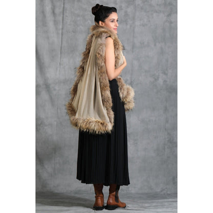 Dusala India Handwoven Cashmere Fine Wool Plain Stole With Hight Quality Ombre Fur Stole
