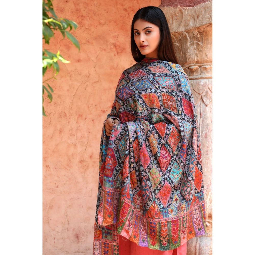Dusala India Handwoven Pashmina Wool Kalamkari Design Shawl