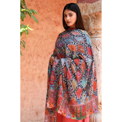 Dusala India Handwoven Pashmina Wool Kalamkari Design Shawl