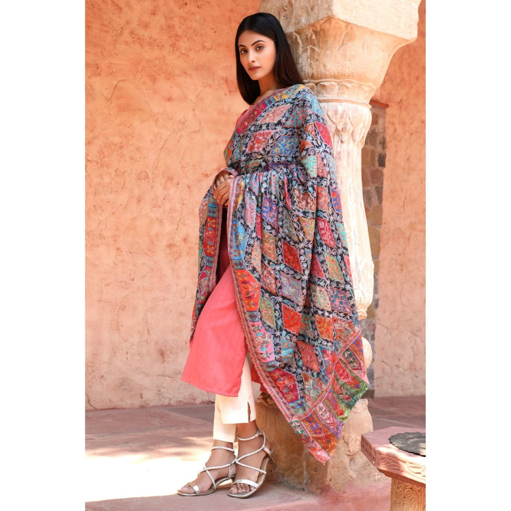 Dusala India Handwoven Pashmina Wool Kalamkari Design Shawl
