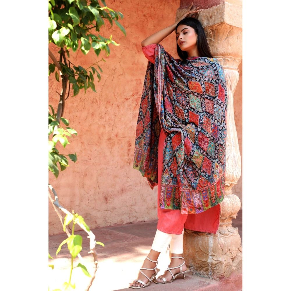 Dusala India Handwoven Pashmina Wool Kalamkari Design Shawl