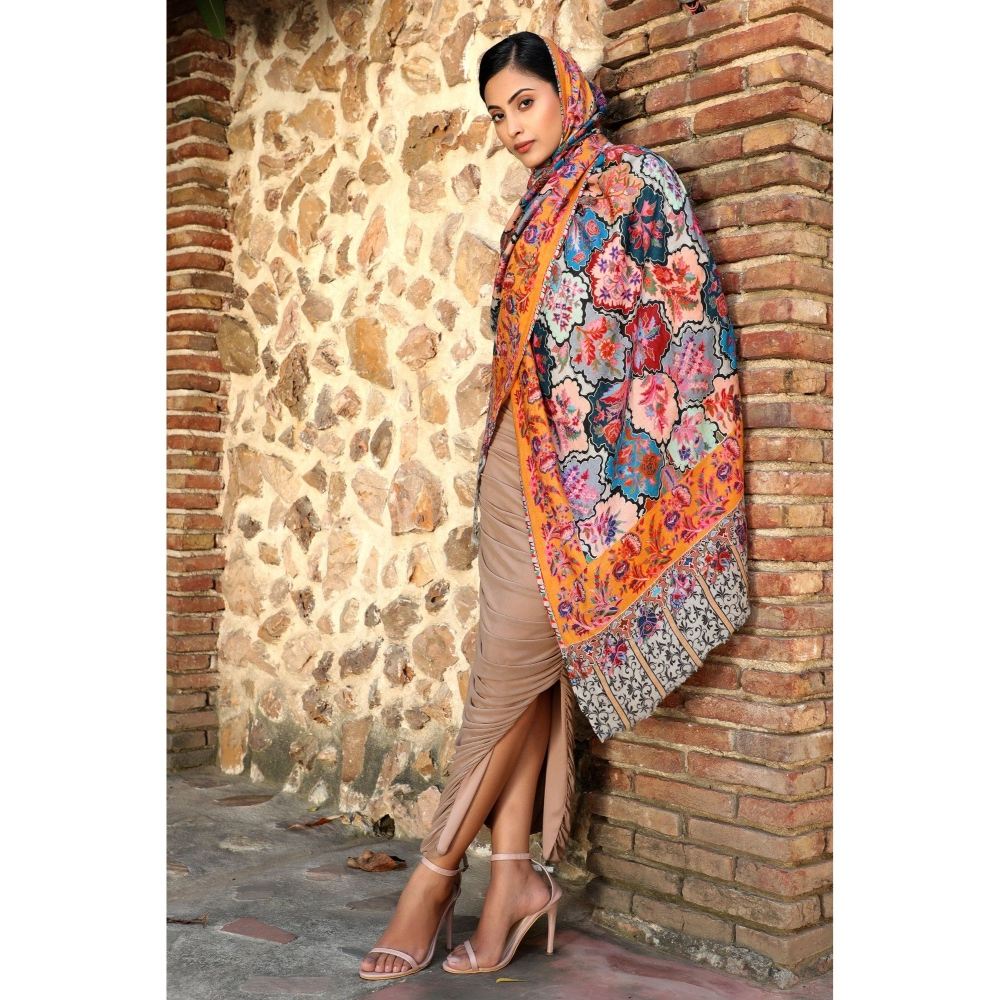 Dusala India Handwoven Pashmina Wool Kalamkari Design Shawl