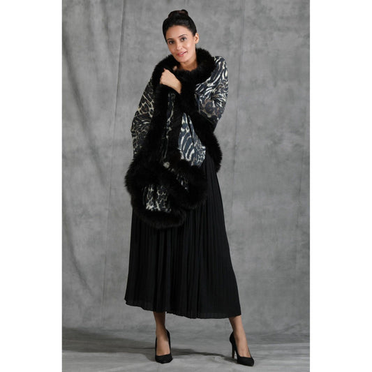 Dusala India Handwoven Cashmere Fine Wool Digital Animal Print With High Quality Fur Stole