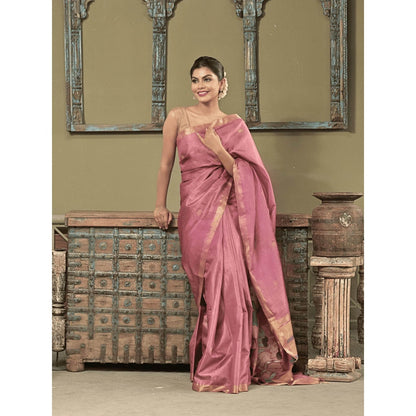 Dusala India Women Purusha Kriti Pink Woven Handloom Saree with Unstitched Blouse
