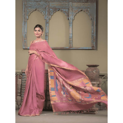 Dusala India Women Purusha Kriti Pink Woven Handloom Saree with Unstitched Blouse