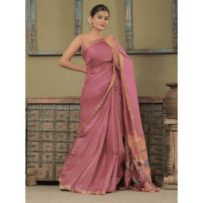 Dusala India Women Purusha Kriti Pink Woven Handloom Saree with Unstitched Blouse