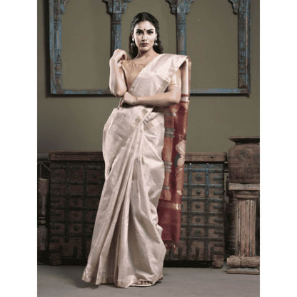 Dusala India Women Chamunda Off White Woven Handloom Saree with Unstitched Blouse