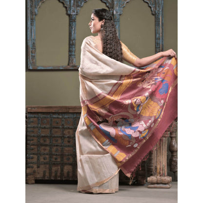 Dusala India Women Chamunda Off White Woven Handloom Saree with Unstitched Blouse