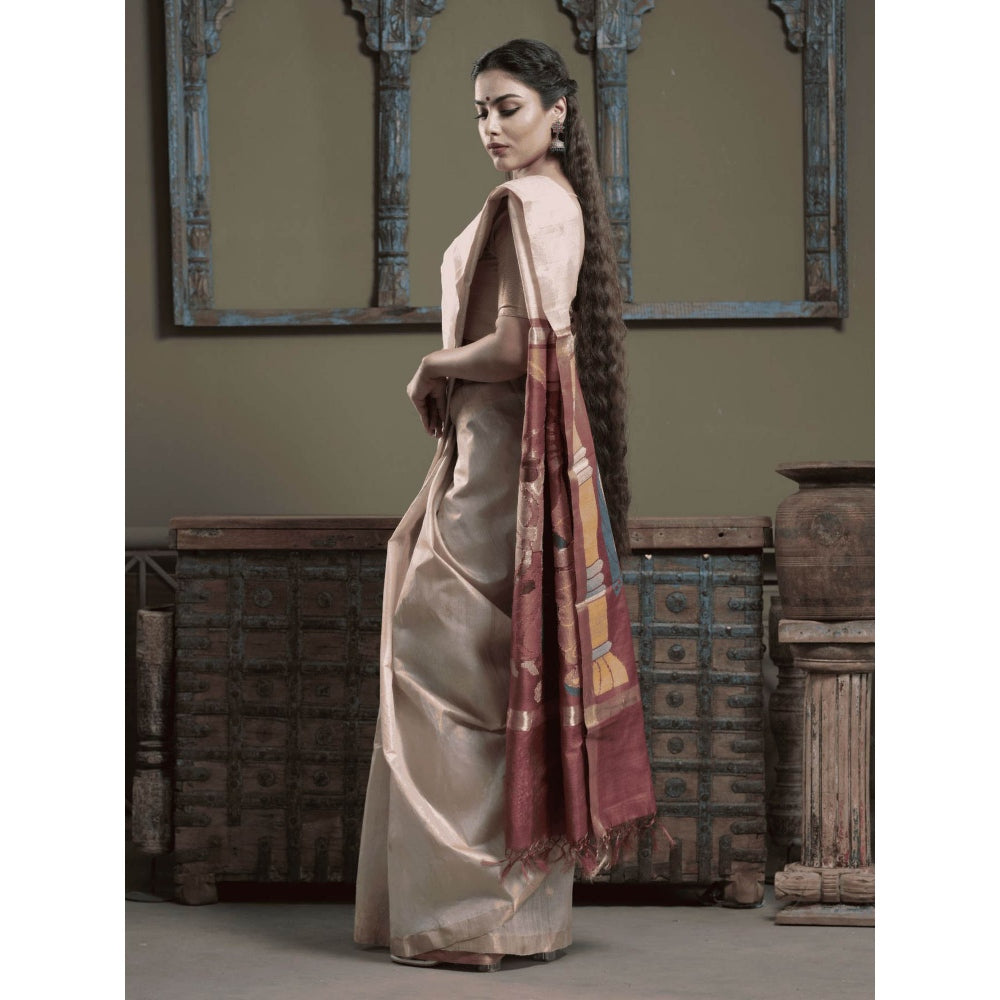 Dusala India Women Chamunda Off White Woven Handloom Saree with Unstitched Blouse