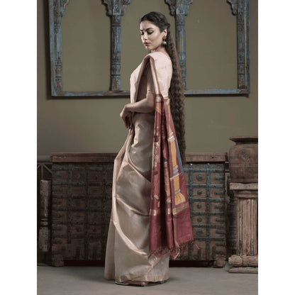Dusala India Women Chamunda Off White Woven Handloom Saree with Unstitched Blouse