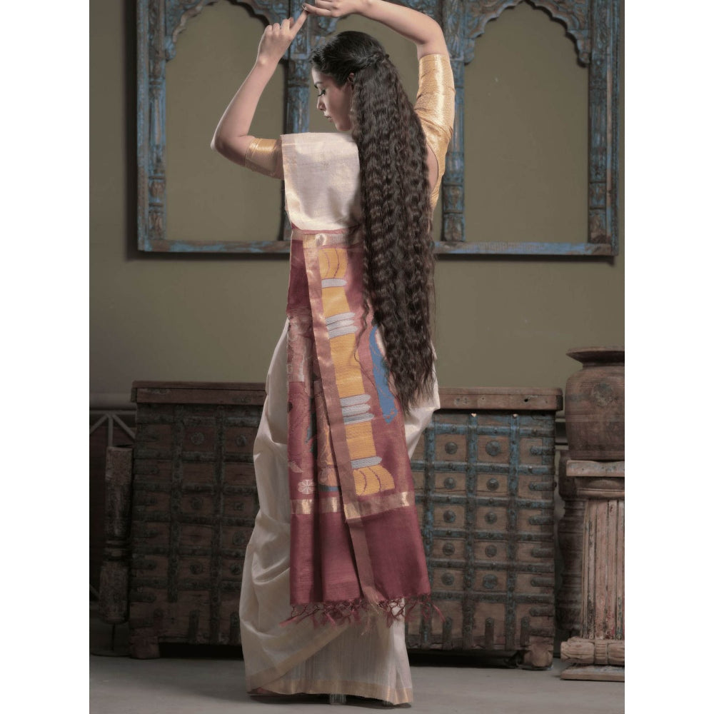 Dusala India Women Chamunda Off White Woven Handloom Saree with Unstitched Blouse