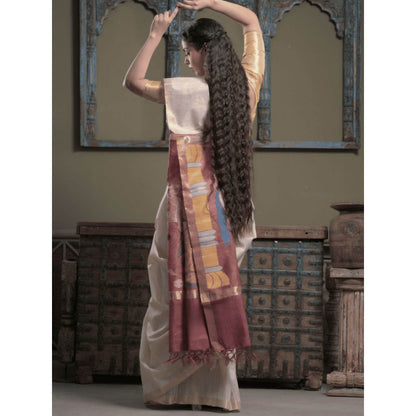 Dusala India Women Chamunda Off White Woven Handloom Saree with Unstitched Blouse