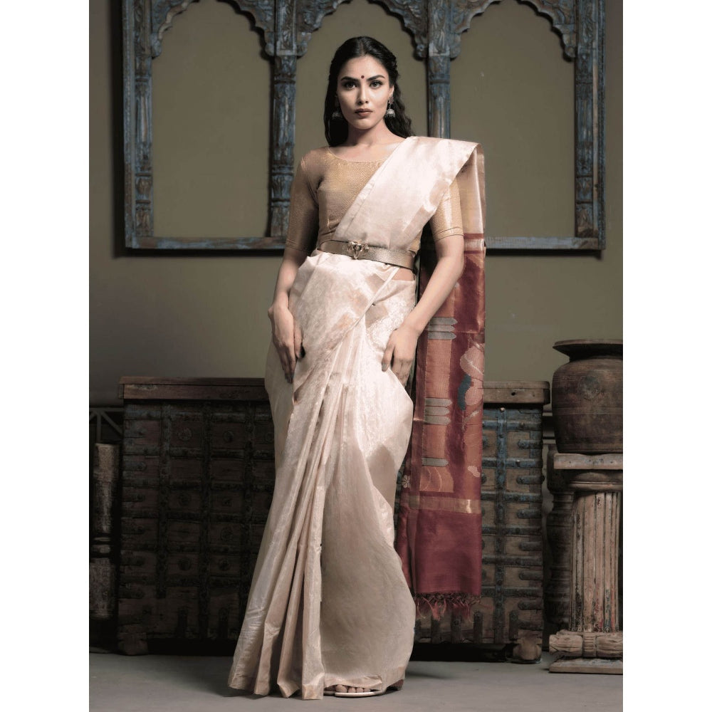 Dusala India Women Chamunda Off White Woven Handloom Saree with Unstitched Blouse