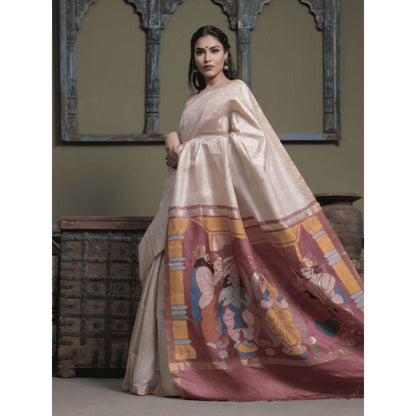 Dusala India Women Chamunda Off White Woven Handloom Saree with Unstitched Blouse