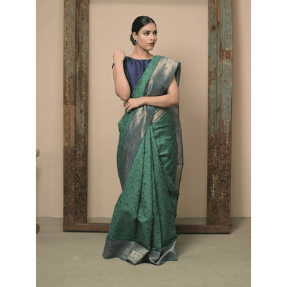 Dusala India Women Brahmi Green Woven Handloom Saree with Unstitched Blouse