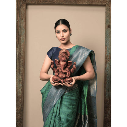 Dusala India Women Brahmi Green Woven Handloom Saree with Unstitched Blouse