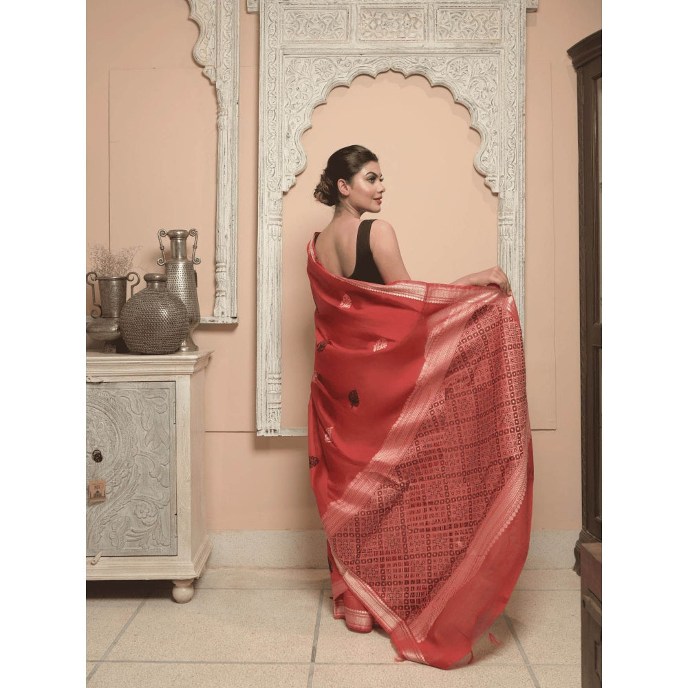 Dusala India Women Chita Red Woven Handloom Saree with Unstitched Blouse