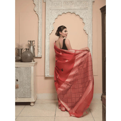 Dusala India Women Chita Red Woven Handloom Saree with Unstitched Blouse