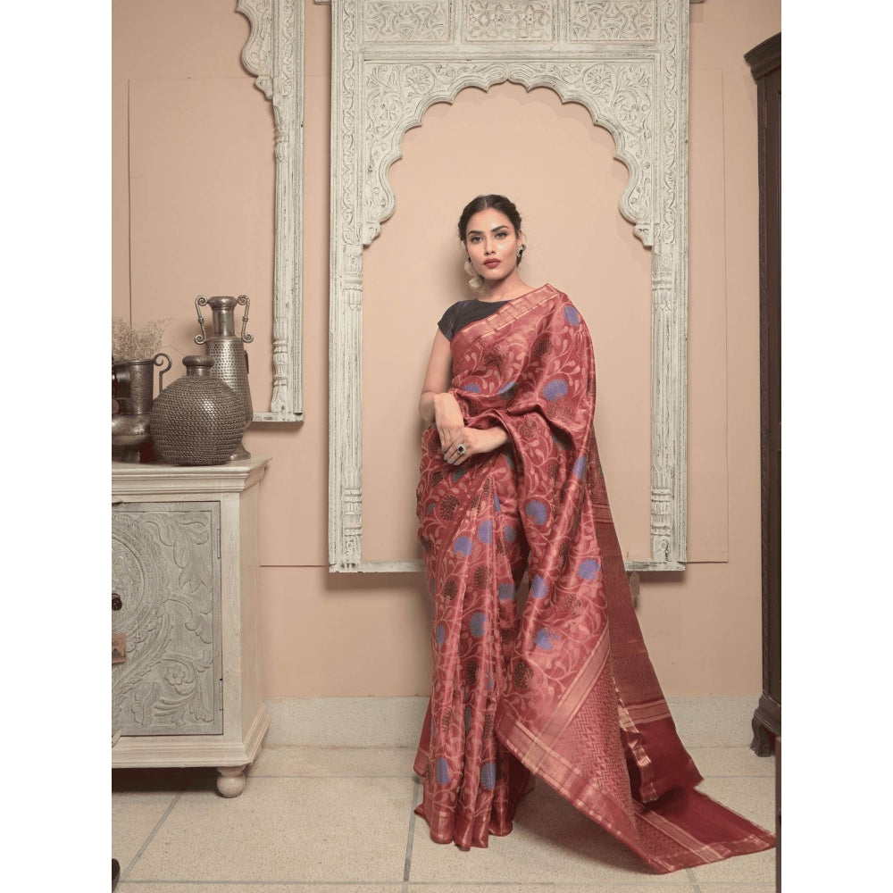 Dusala India Women Kaalaratri Maroon Floral Handloom Saree with Unstitched Blouse