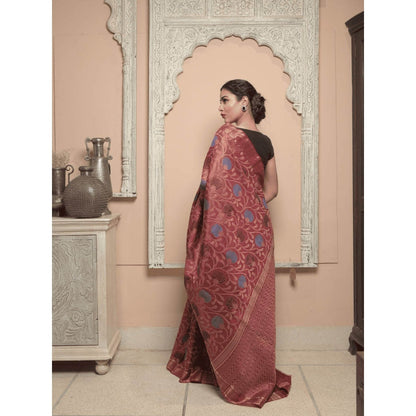 Dusala India Women Kaalaratri Maroon Floral Handloom Saree with Unstitched Blouse