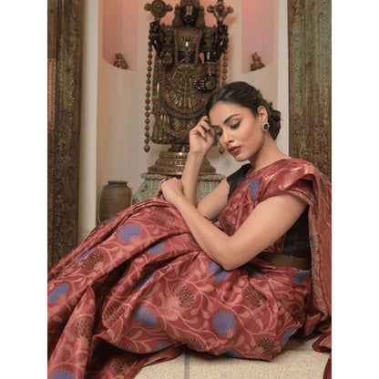 Dusala India Women Kaalaratri Maroon Floral Handloom Saree with Unstitched Blouse