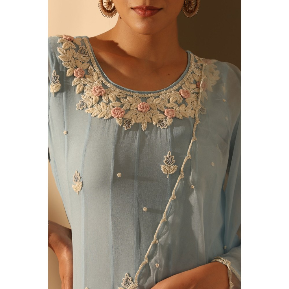 Dusala India Aashi Blue Embroidered Dress with Dupatta (Set of 2)
