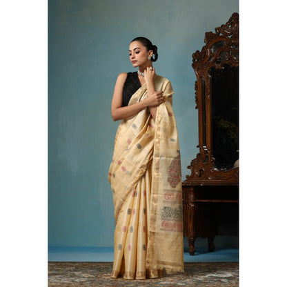 Dusala India Petal Handwoven Gold Kosi Silk Saree with Unstitched Blouse