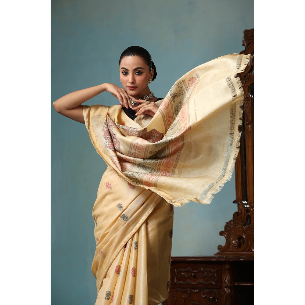 Dusala India Petal Handwoven Gold Kosi Silk Saree with Unstitched Blouse